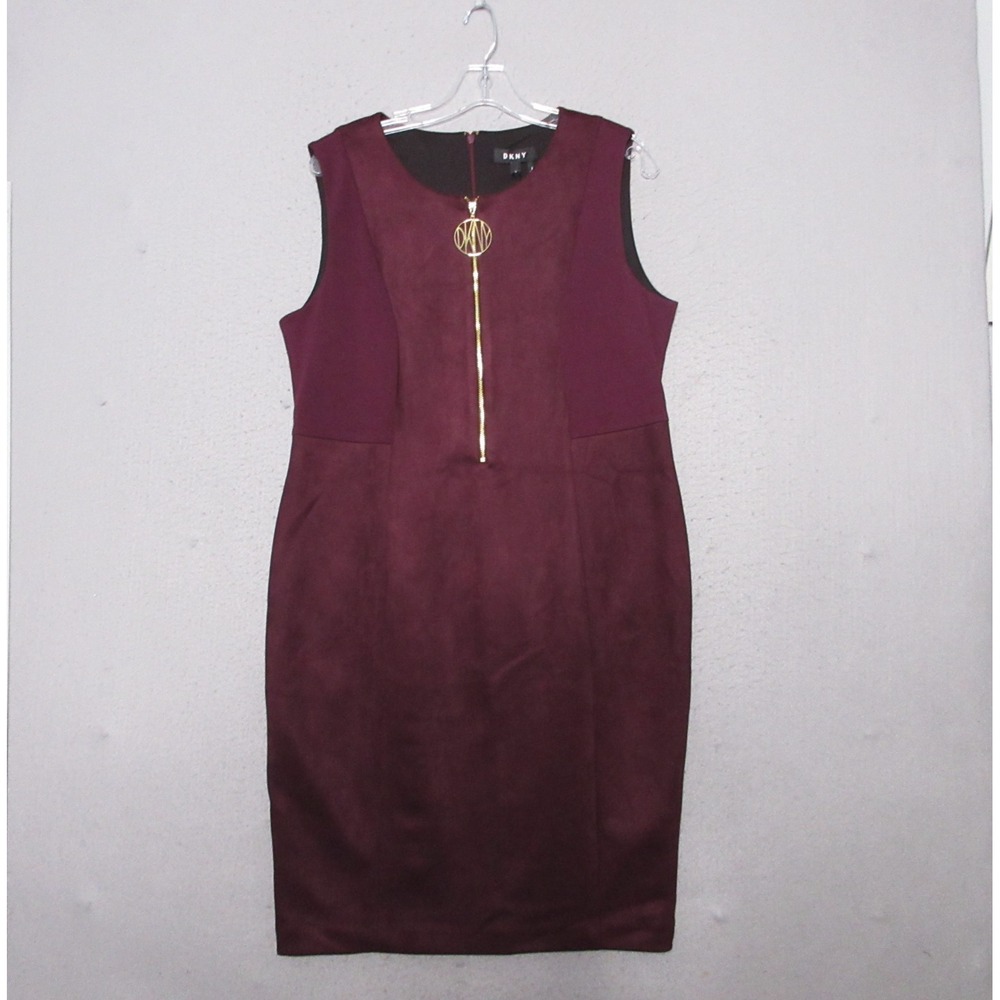 DKNY Shift Dress‎ Plus 14 Burgundy Gold Zipper Suede Career Office Timeless  NWT